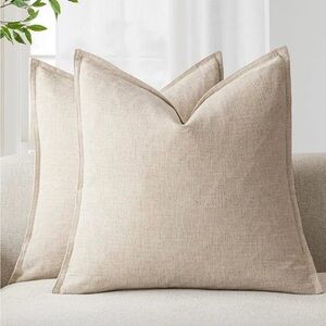 Pack of 2, Decorative Linen Soild Throw Pillow Covers 18 x 18” Natural Beige
